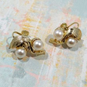 1950's Vintage Gold tone Faux Pearl statement earrings
